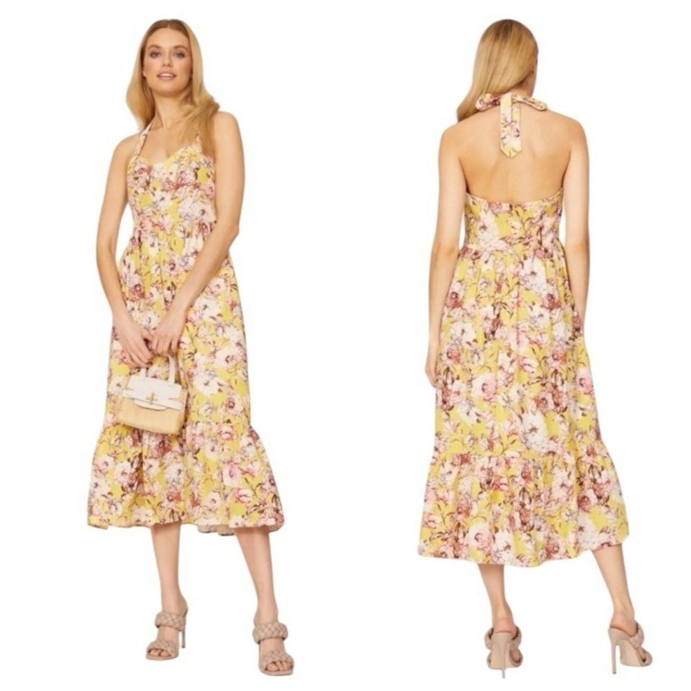 Bardot Labella Women’s Floral Halter Yellow Midi Linen Spring Summer Dress SZ 4